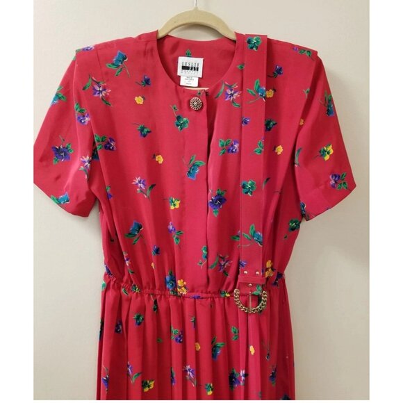Leslie Fay Petite Vtg Red Purple Floral Belted Pleated Midi Dress Sz 10 Modest - Picture 10 of 10